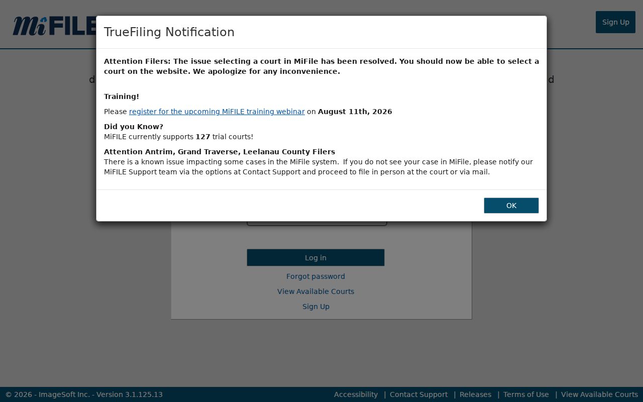 Mecosta County case filing system MiFILE login screen