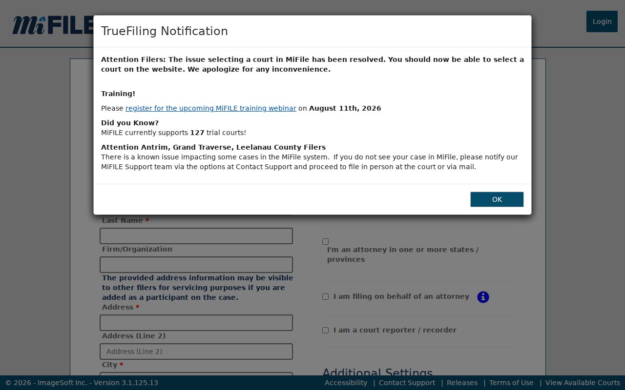 Mecosta County case filing system MiFILE registration fields