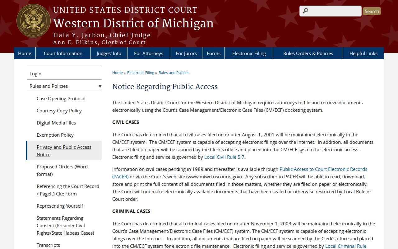 Mecosta County court docket federal public access notice